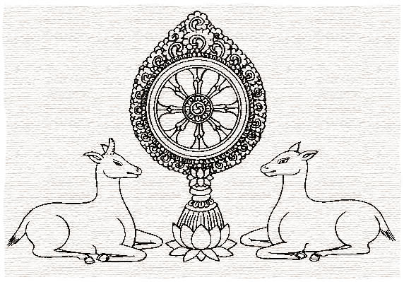 Tibetan Dharma Wheel Flanked by Two Deer