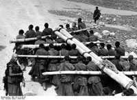 Tashilhunpo. Monks carry heavy tree trunks to be used as jogjam, building material. They must keep a special step as they walk. The trunks and beams rest on the folds of their coats, which are wrapped in a roll around their hips (in the style of a dobdob). The monks volunteer their services for this work.